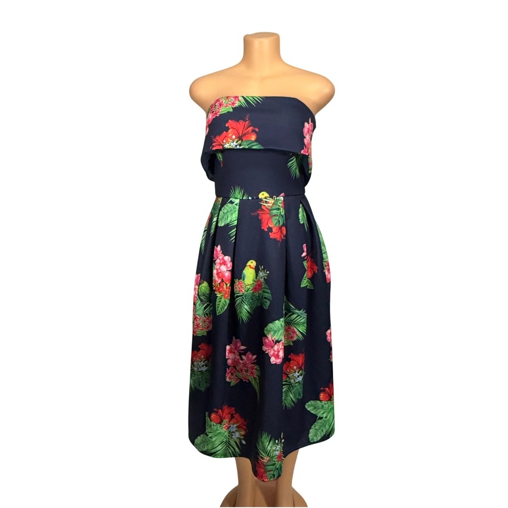 True Violet Navy Blue Tropical Floral Parrot Strapless Midi Dress Size 12 NWT